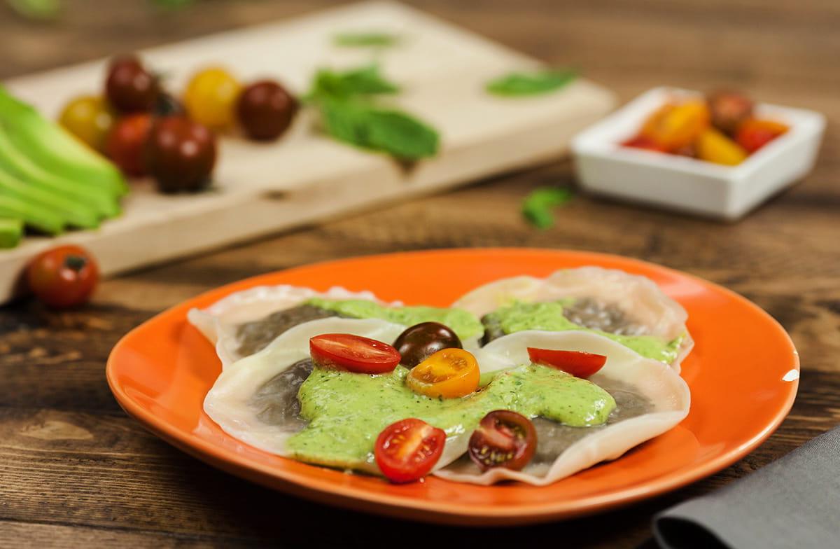 Mushroom Ravioli with Avocado Pesto