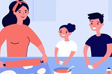 Kids cooking with mom illustration.