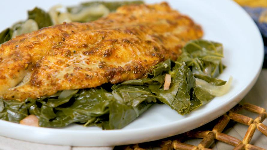 Baked Cajun Catfish and Easy Collard Greens